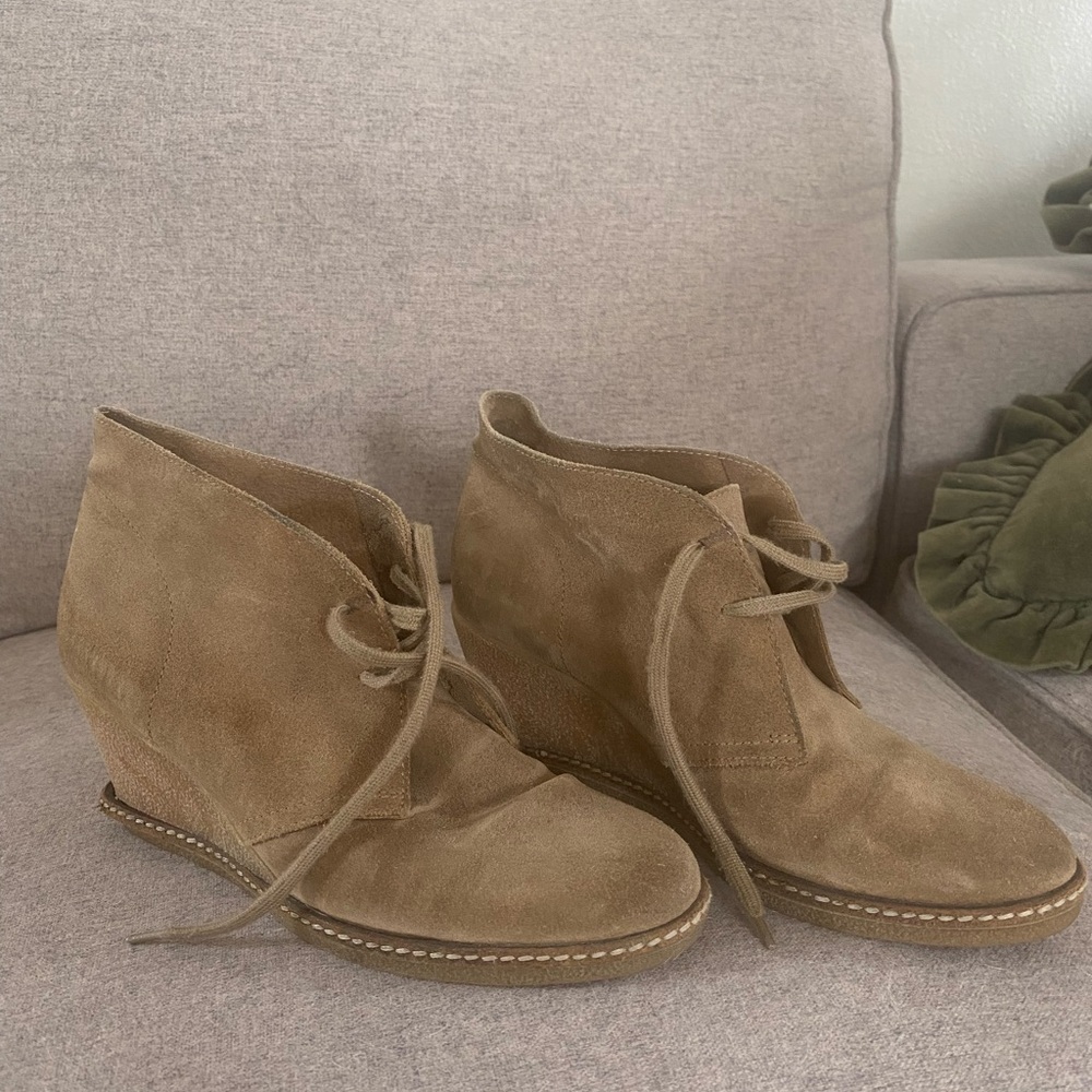 J. Crew Suede Lace-Up Wedge Ankle Booties in Tan